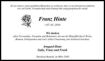 Traueranzeige von Franz Hinte von Tageszeitung
