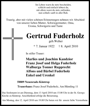 Traueranzeige von Gertrud Fuderholz von Tageszeitung