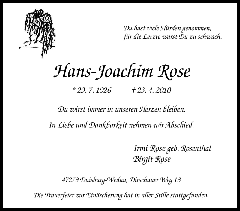  Traueranzeige für Hans-Joachim Rose vom 30.04.2010 aus Tageszeitung