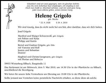 Traueranzeige von Helene Grigolo von Tageszeitung