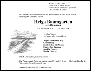 Traueranzeige von Helga Baumgarten von Tageszeitung