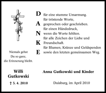 Traueranzeige von Willi Gutkowski von Tageszeitung