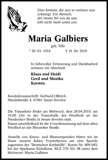 Traueranzeige von Maria Galbiers von Tageszeitung