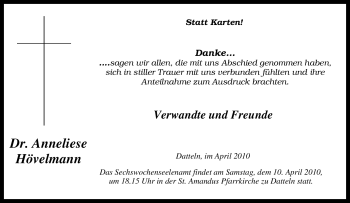 Traueranzeige von Anneliese Hövelmann von Tageszeitung