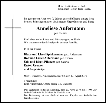 Traueranzeige von Anneliese Aufermann von Tageszeitung