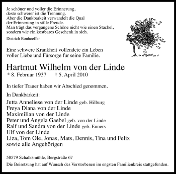 Traueranzeige von Hartmut Wilhelm Linde von Tageszeitung