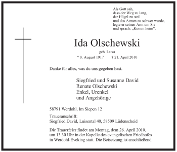 Traueranzeige von Ida Olschewski von Tageszeitung