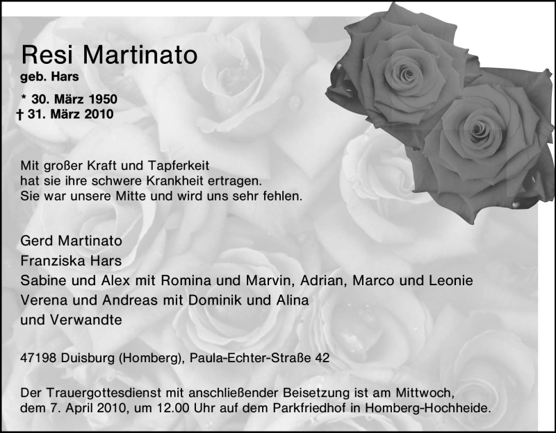  Traueranzeige für Resi Martinato vom 03.04.2010 aus Tageszeitung