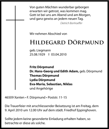 Traueranzeige von Hildegard Dörpmund von Tageszeitung