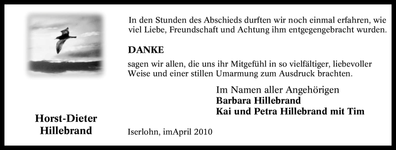  Traueranzeige für Horst-Dieter Hillebrand vom 17.04.2010 aus Tageszeitung