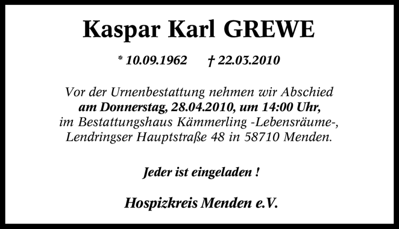  Traueranzeige für Kaspar Karl Grewe vom 24.04.2010 aus Tageszeitung