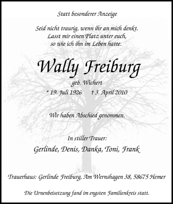 Traueranzeige von Wally Freiburg von Tageszeitung
