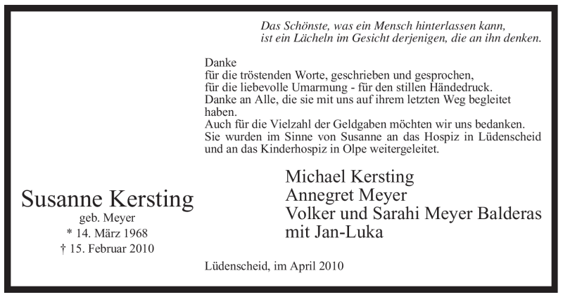  Traueranzeige für Susanne Kersting vom 01.04.2010 aus Tageszeitung