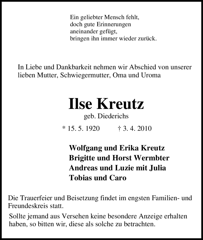 Traueranzeige für Ilse Kreutz vom 07.04.2010 aus Tageszeitung