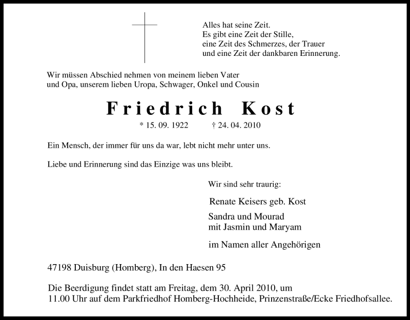  Traueranzeige für Friedrich Kost vom 27.04.2010 aus Tageszeitung