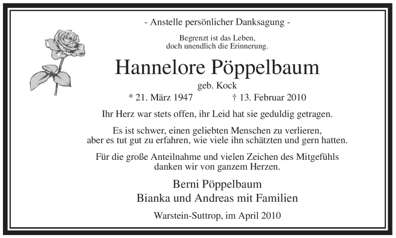  Traueranzeige für Hannelore Pöppelbaum vom 01.04.2010 aus Tageszeitung