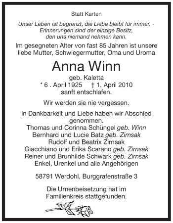 Traueranzeige von Anna Winn von Tageszeitung