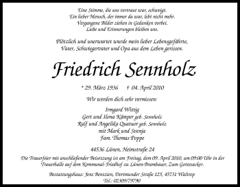 Traueranzeige von Friedrich Sennholz von Tageszeitung