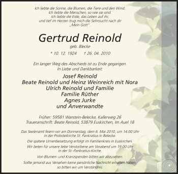 Traueranzeige von Gertrud Reinold von Tageszeitung