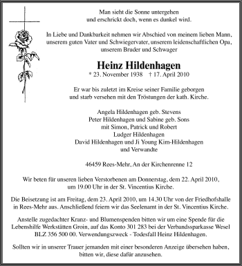 Traueranzeige von Heinz Hildenhagen von Tageszeitung