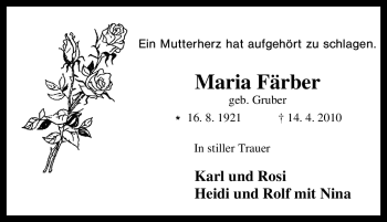 Traueranzeige von Maria Färber von Tageszeitung