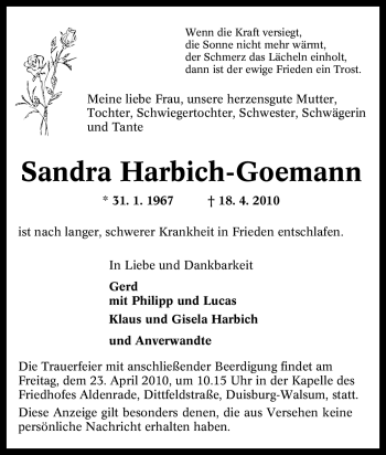 Traueranzeige von Sandra Harbich-Goemann von Tageszeitung