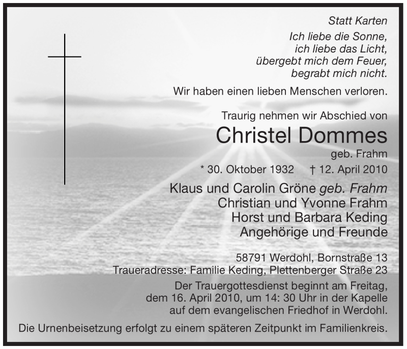  Traueranzeige für Christel Dommes vom 14.04.2010 aus Tageszeitung
