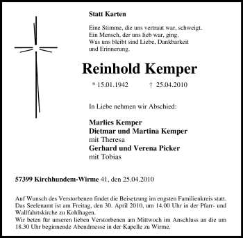 Traueranzeige von Reinhold Kemper von Tageszeitung