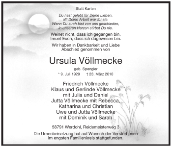 Traueranzeige von Ursula Völlmecke von Tageszeitung