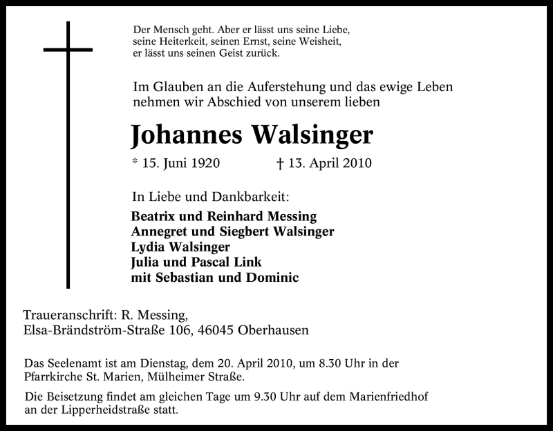  Traueranzeige für Johannes Walsinger vom 15.04.2010 aus Tageszeitung
