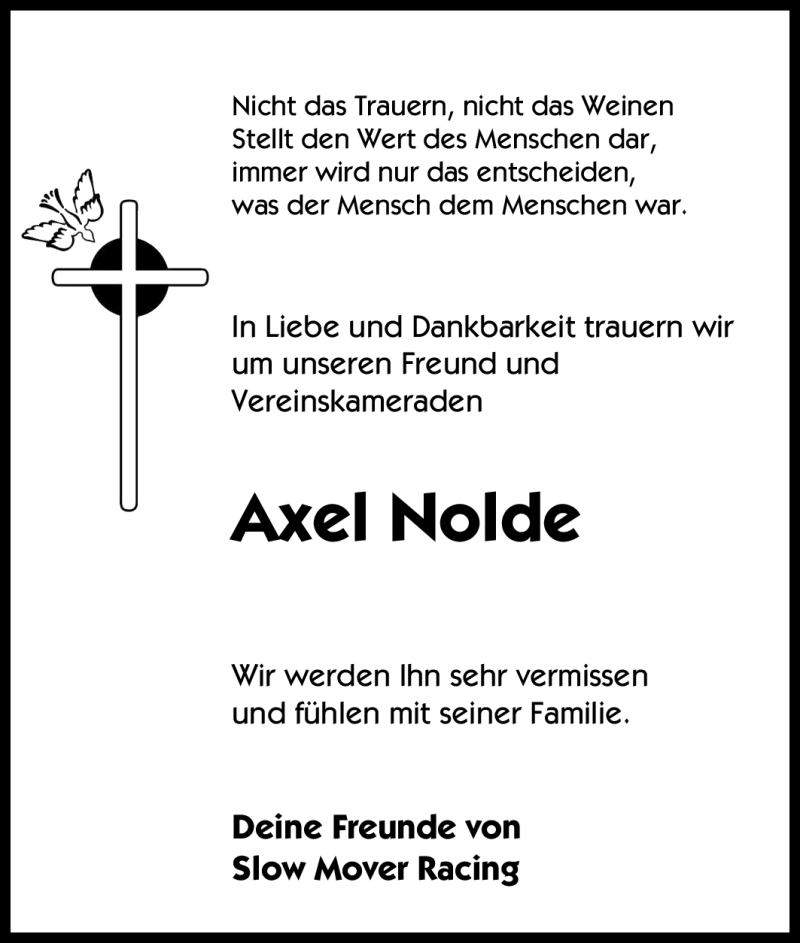  Traueranzeige für Axel Nolde vom 19.04.2010 aus Tageszeitung