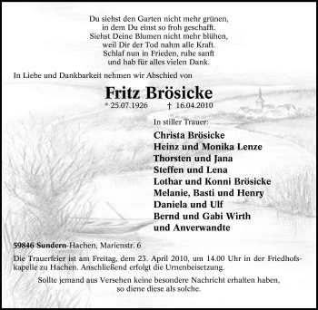 Traueranzeige von Fritz Brösicke von Tageszeitung