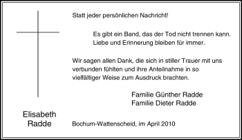 Traueranzeige von Elisabeth Radde von Tageszeitung