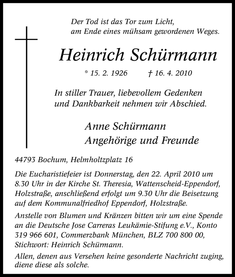  Traueranzeige für Heinrich Schürmann vom 20.04.2010 aus Tageszeitung