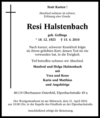 Traueranzeige von Resi Halstenbach von Tageszeitung