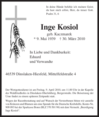 Traueranzeige von Inge Kosiol von Tageszeitung