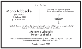 Traueranzeige von Maria Löbbecke von Tageszeitung