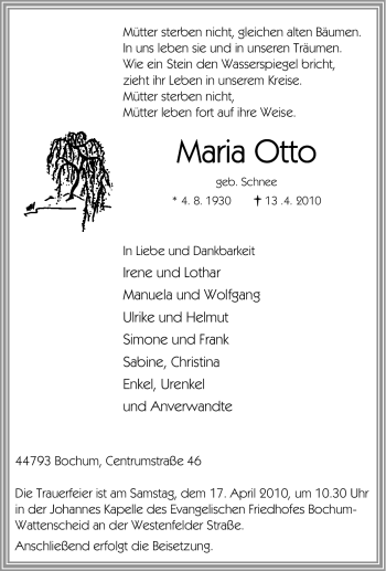Traueranzeige von Maria Otto von Tageszeitung