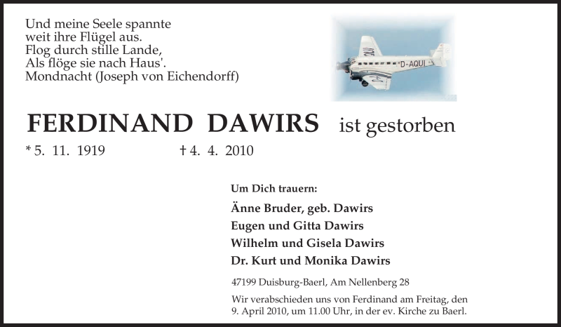  Traueranzeige für Ferdinand Dawirs vom 07.04.2010 aus Tageszeitung