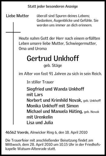 Traueranzeige von Gertrud Unkhoff von Tageszeitung
