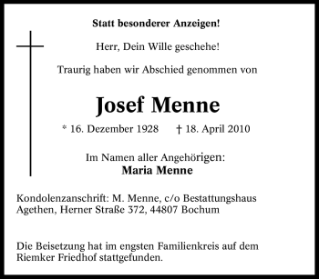 Traueranzeige von Josef Menne von Tageszeitung