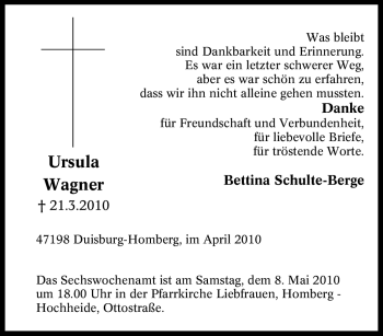 Traueranzeige von Ursula Wagner von Tageszeitung
