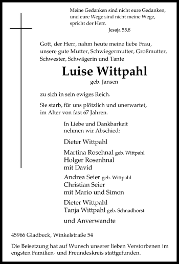Traueranzeige von Luise Wittpahl von Tageszeitung