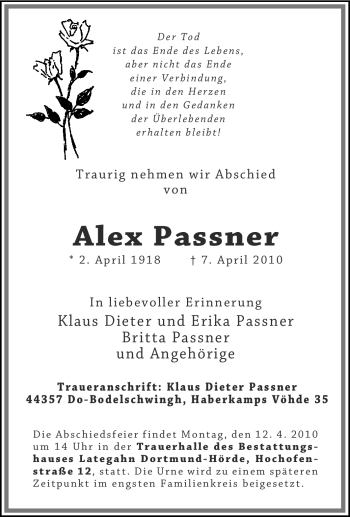 Traueranzeige von Alex Passner von Tageszeitung