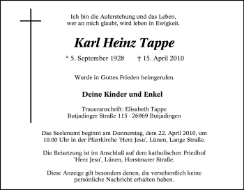 Traueranzeige von Karl Heinz Tappe von Tageszeitung