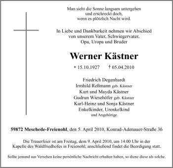 Traueranzeige von Werner Kästner von Tageszeitung