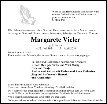 Traueranzeige von Margarete Vieler von Tageszeitung