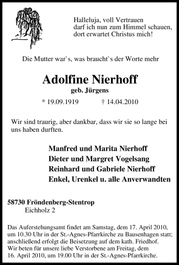 Traueranzeige von Adolfine Nierhoff von Tageszeitung