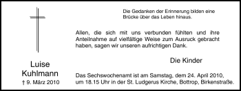 Traueranzeige von Luise Kuhlmann von Tageszeitung
