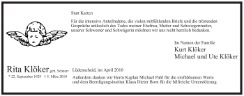 Traueranzeige von Rita Klöker von Tageszeitung